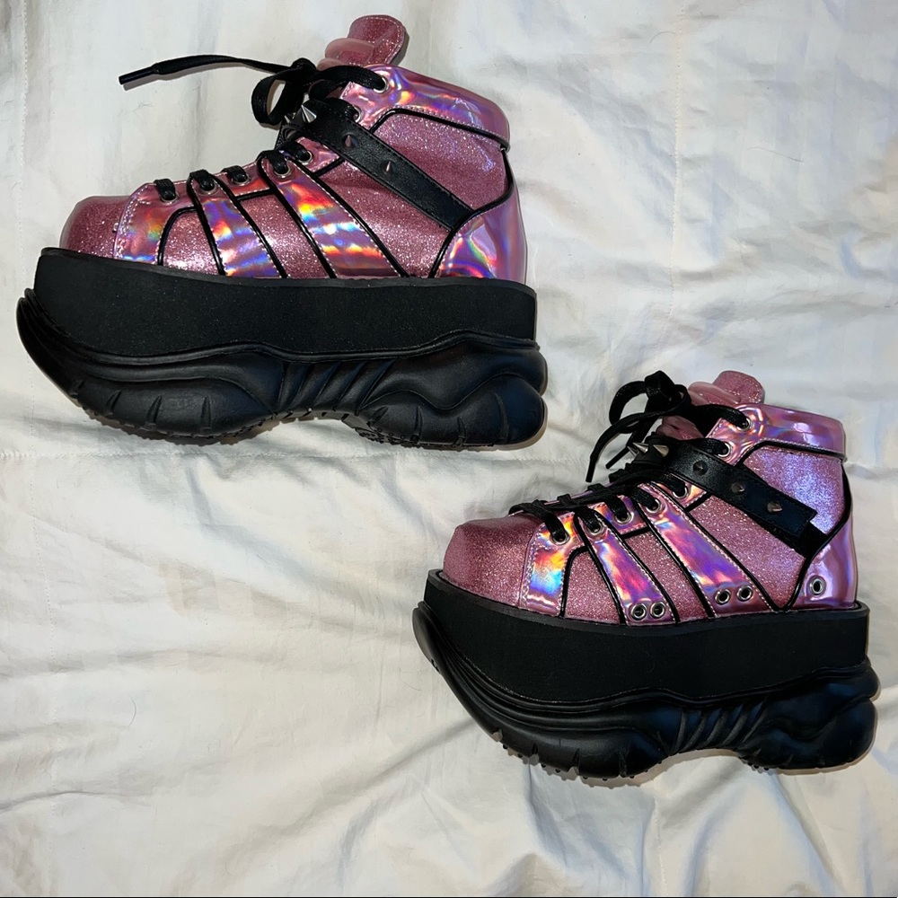 Demonia Neptune-100 ankle boots in pink glitter holo